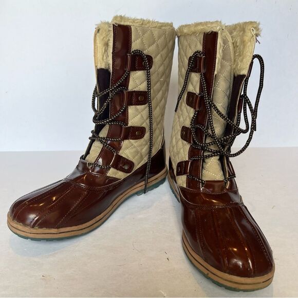 Cushion Walk by Avon Women's Fur Lined Duck Boots Lace Up Brown/Beige Size 9 - Picture 1 of 10